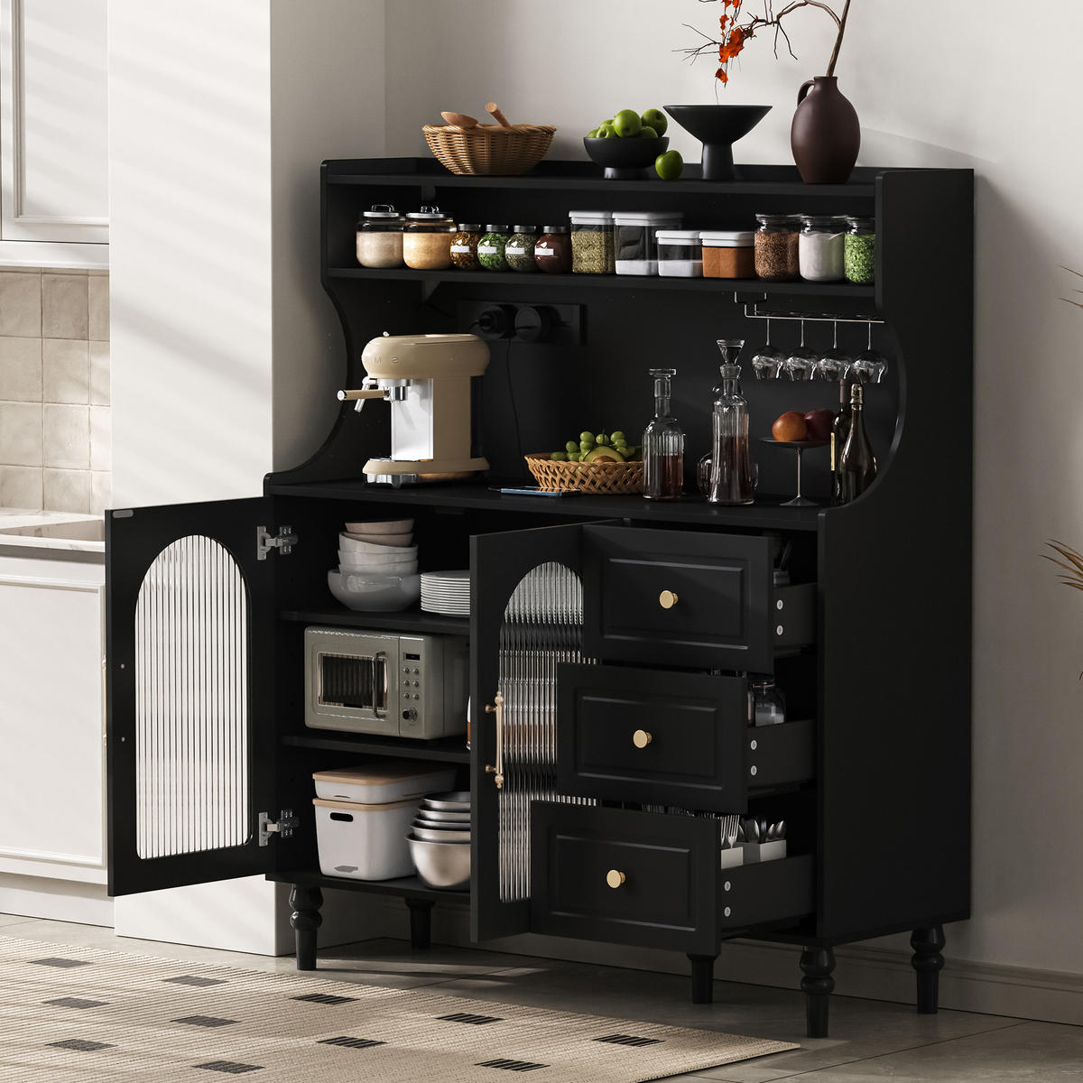BUFFETSCHRANK 120/40/138,5 cm mit Steckdose, USB- und Typ-C-Anschluss, Gläserhalter und 3 Schubladen aus MDF, Schwarz - Schwarz, Holzwerkstoff (120/138.5/40cm) - Redom