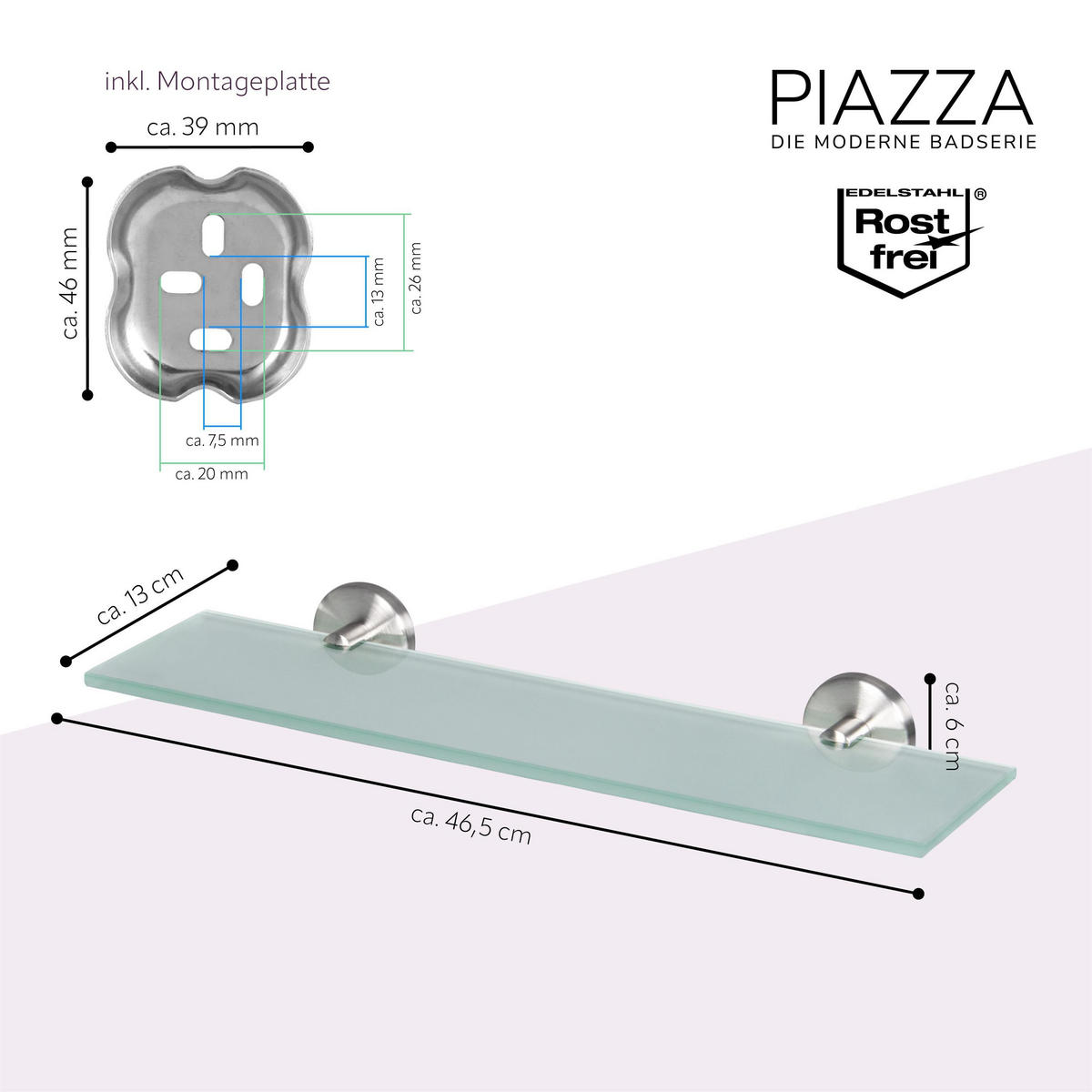 GLASABLAGE PIAZZA Edelstahl, inkl. Klebeset - Edelstahlfarben, Metall (46.5/6/13cm) - bremermann
