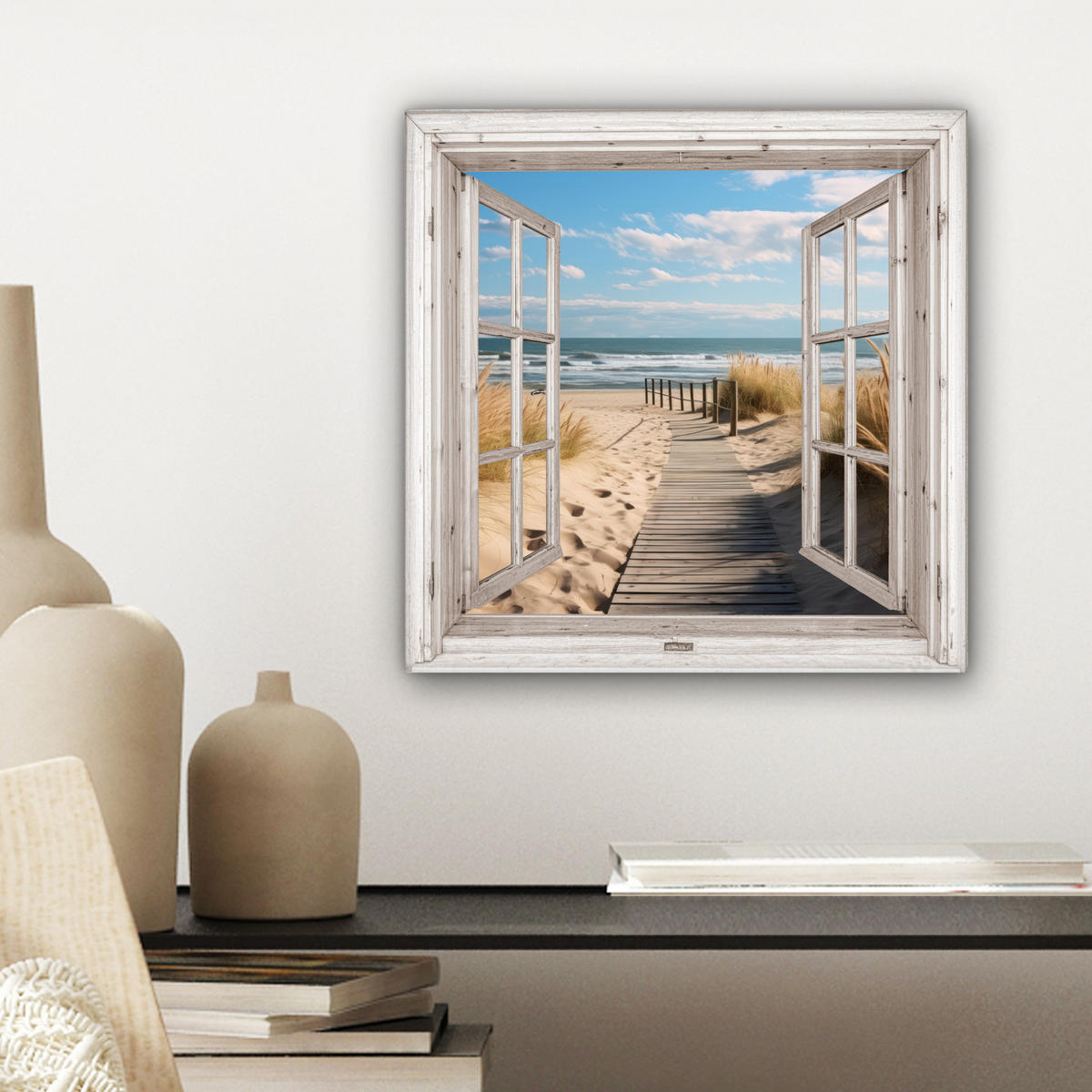 LEINWANDBILD Fenster - Meer - Küste - Natur - Ausblick - Strand - Wattenmeer Deko Wohnzimmer 20x20 cm - Beige, Textil (20/20cm) - MuchoWow