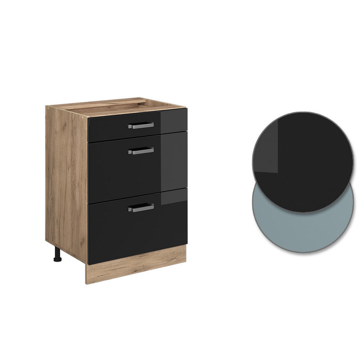 KÜCHENUNTERSCHRANK R-Line Schwarz Hochglanz 60 cm mit Schubladen AP Eiche - Schwarz Hochglanz/Eiche Wotan, Holzwerkstoff (60/81.6/60cm) - Vicco