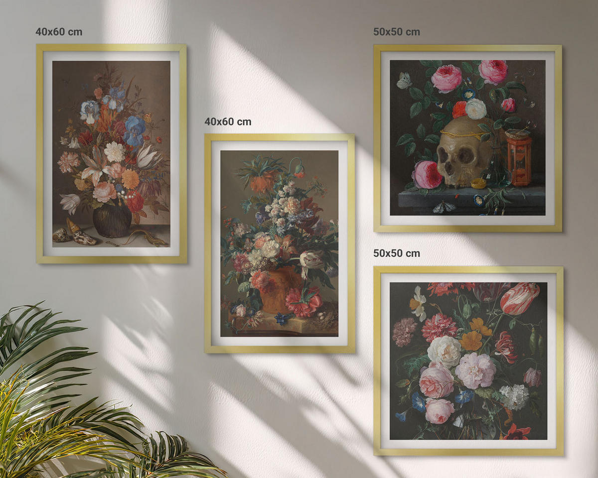 BILDER SET 4er Set - 50x50 cm & 40x60 cm Goldrahmen - Blumenarrangements in Vasen - Goldfarben, Kunststoff (50/50cm) - TULUP