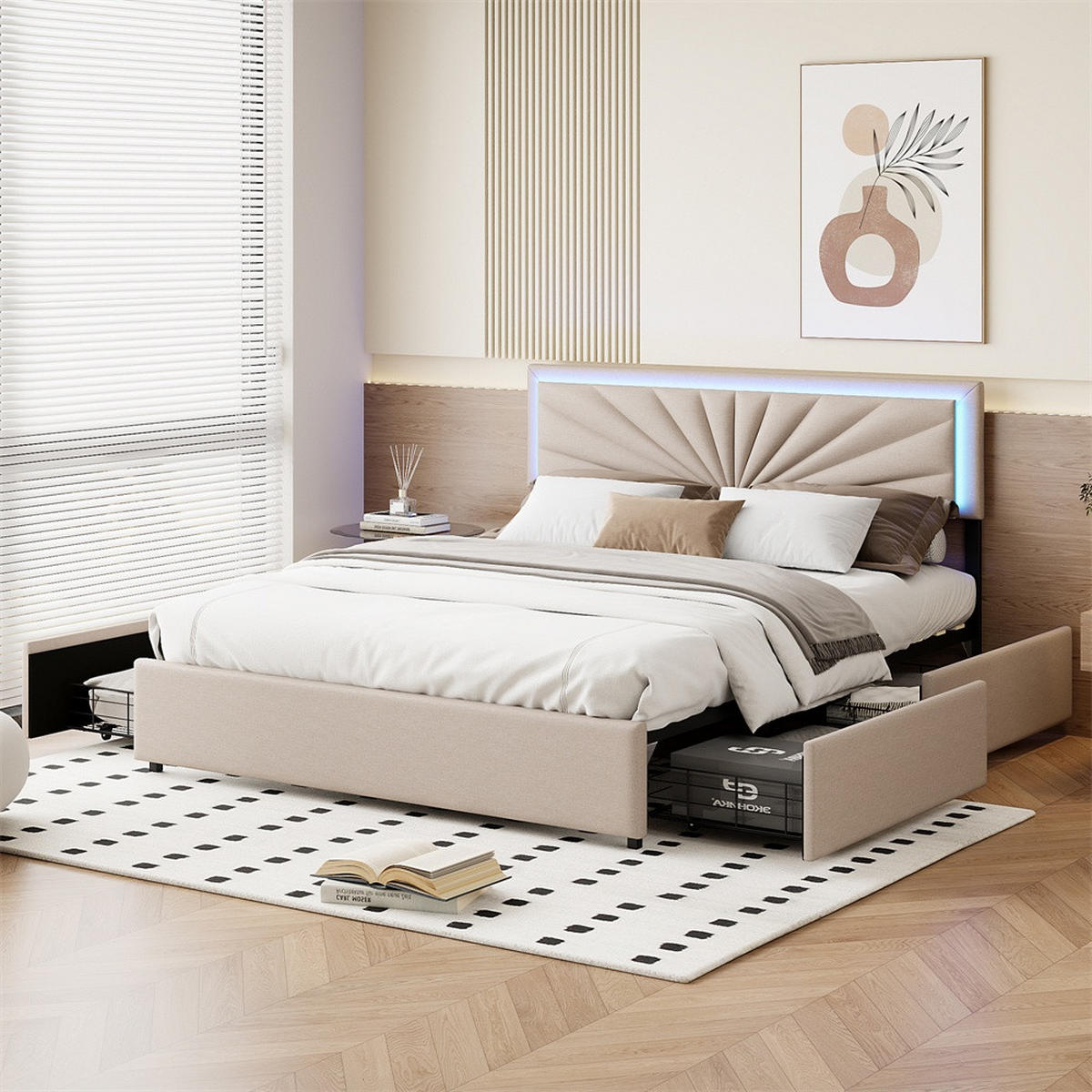 POLSTERBETT 160x200 cm - mit LED-Kopfteilbeleuchtung und 4 ausziehbaren schubladen - ohne Matratze - Beige - Beige, Textil (160/200cm) - DELFA