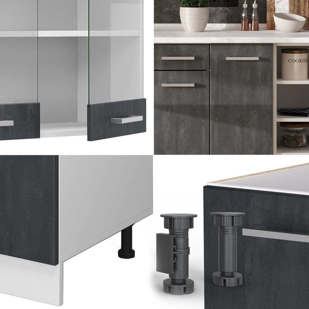 KÜCHENZEILE R-Line Schwarz Beton/Weiß 240 cm AP Marmor - Schwarz/Weiß, Holzwerkstoff (240/81.6/60cm) - Vicco