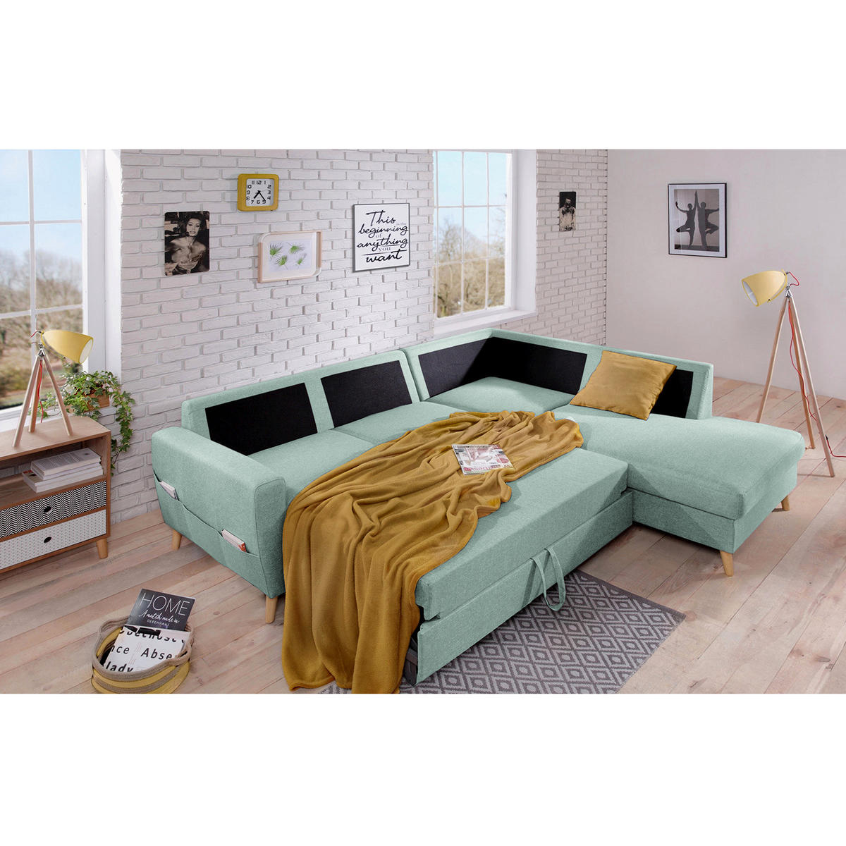 ECKSOFA mit Ottomane - Webstoff - Hellbraun/Mintgrün, Holz/Textil (230/200cm) - home24