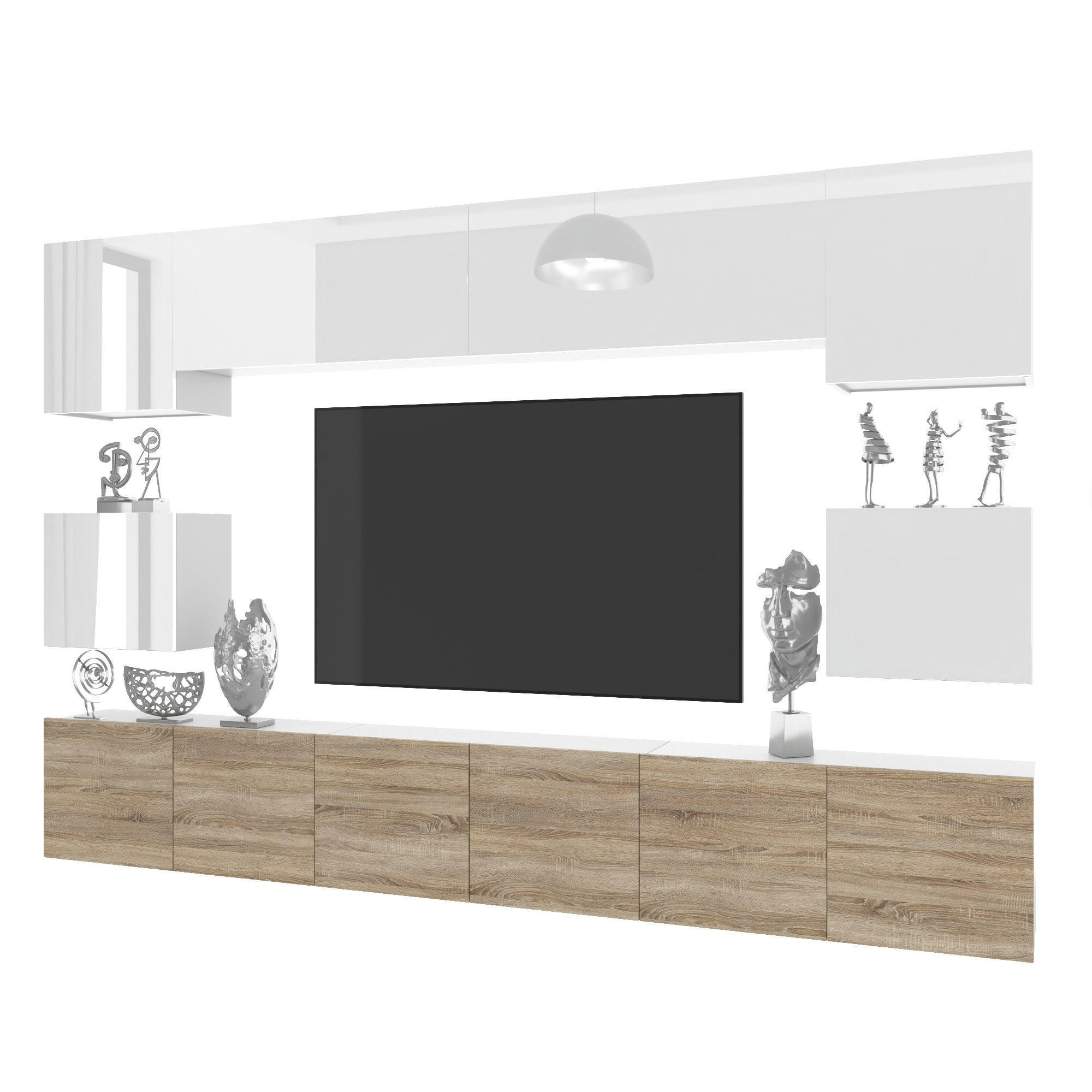 WOHNWAND Milano 3, Weiß/Sonoma Eiche, 300 cm, Grifflos - Weiß, Holz (300/60/36cm) - B BELINI GROUP