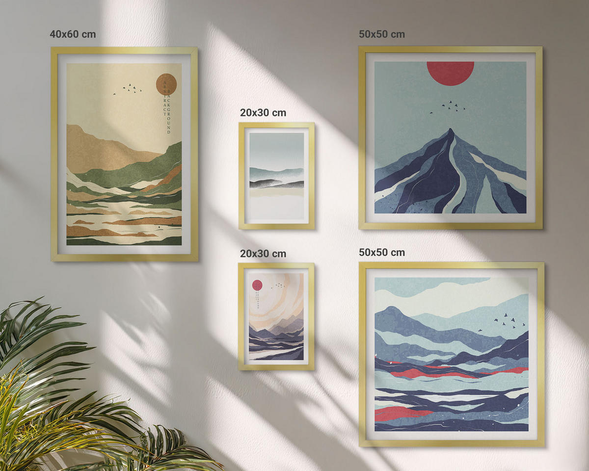 BILDER SET 5er Set - 50x50 cm & 20x30 cm & 40x60 cm Goldrahmen - Berge minimalistische Pastellfarben - Goldfarben, Kunststoff (40/60cm) - TULUP