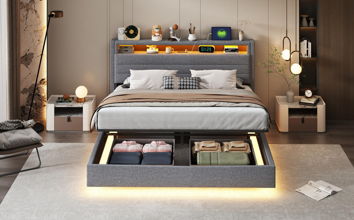 POLSTERBETT 160/200 cm grau aus Stoff mit Bettkasten, LED und USB - Grau, Textil (160/200cm) - OKMYHOME
