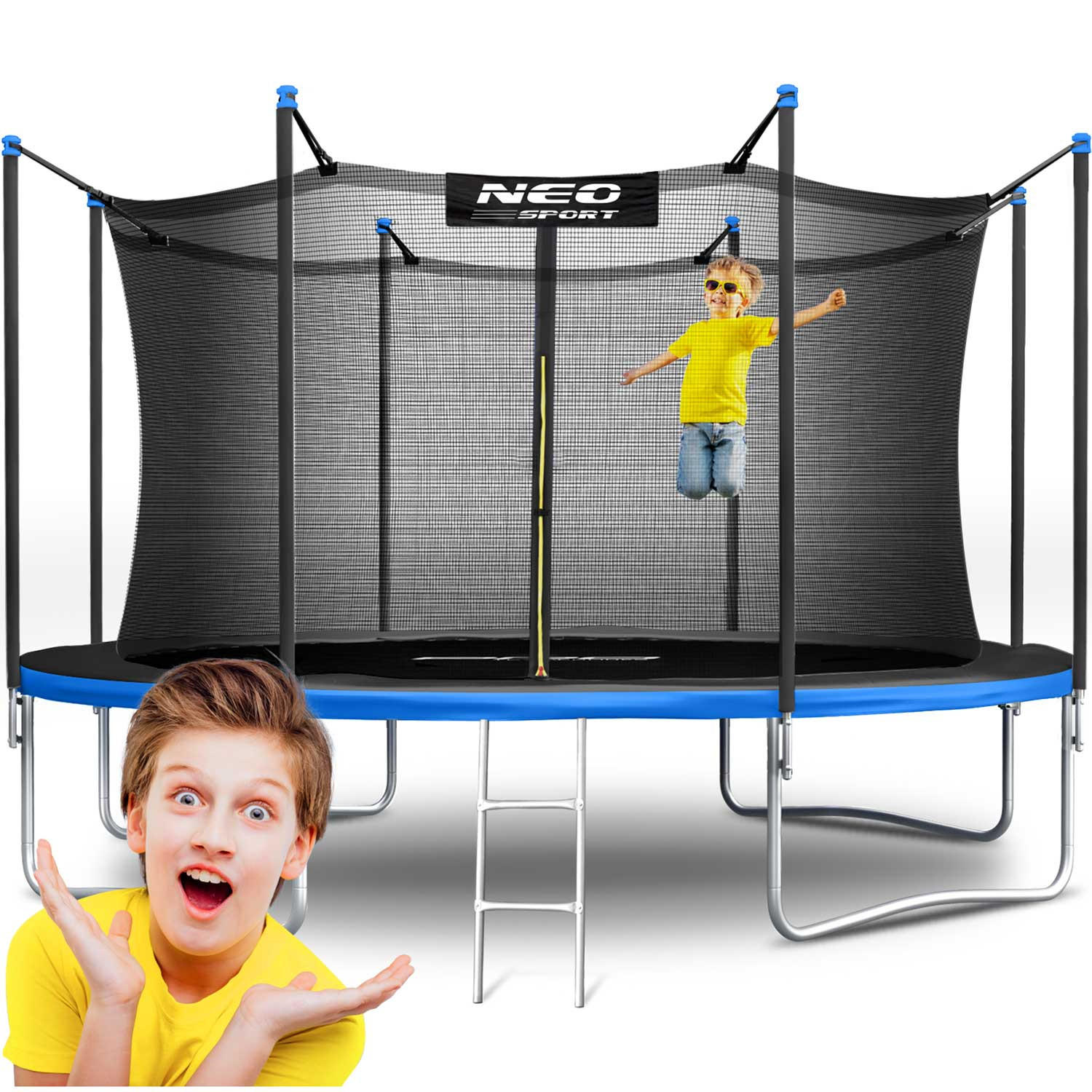 GARTENTRAMPOLIN 12 ft/374 cm mit Innennetz und Leiter - Blau, Metall (374/374cm)