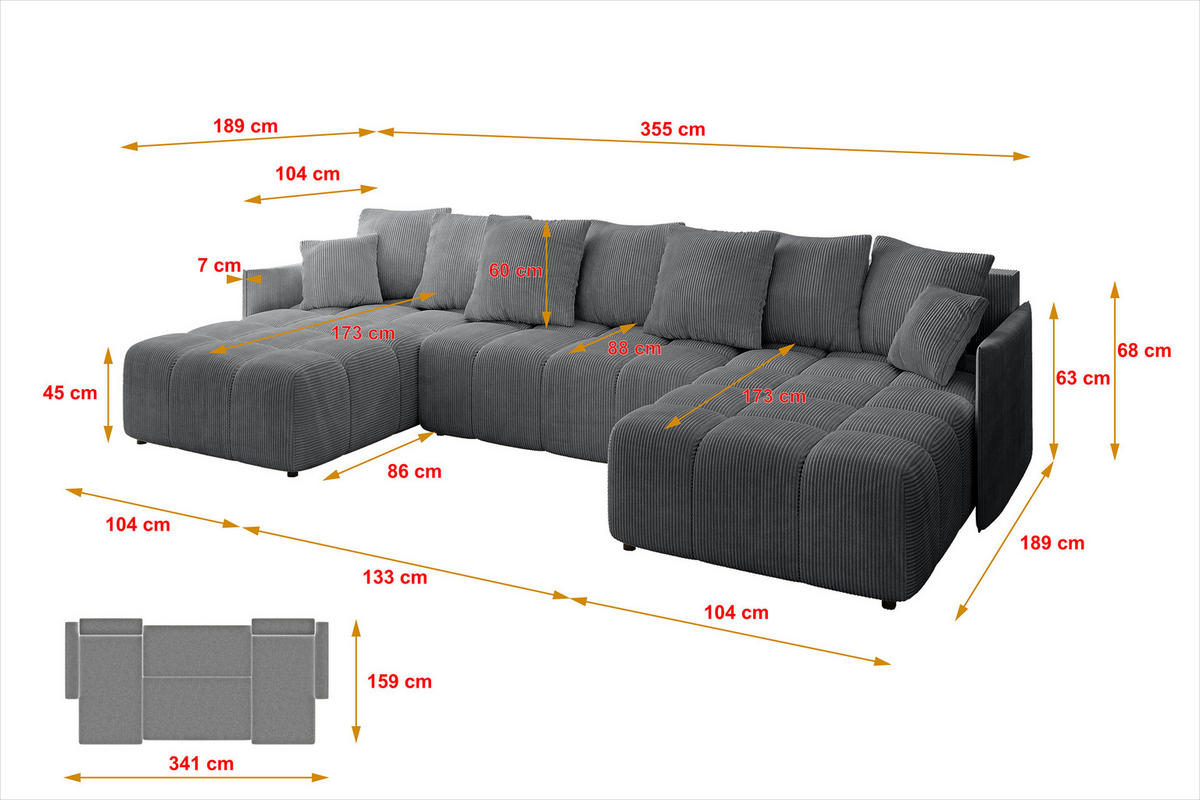 WOHNLANDSCHAFT LONLI-U 355x189x68 Dunkelgrau Cord - Dunkelgrau, Holzwerkstoff/Kunststoff (355/68/189cm) - ALTDECOR