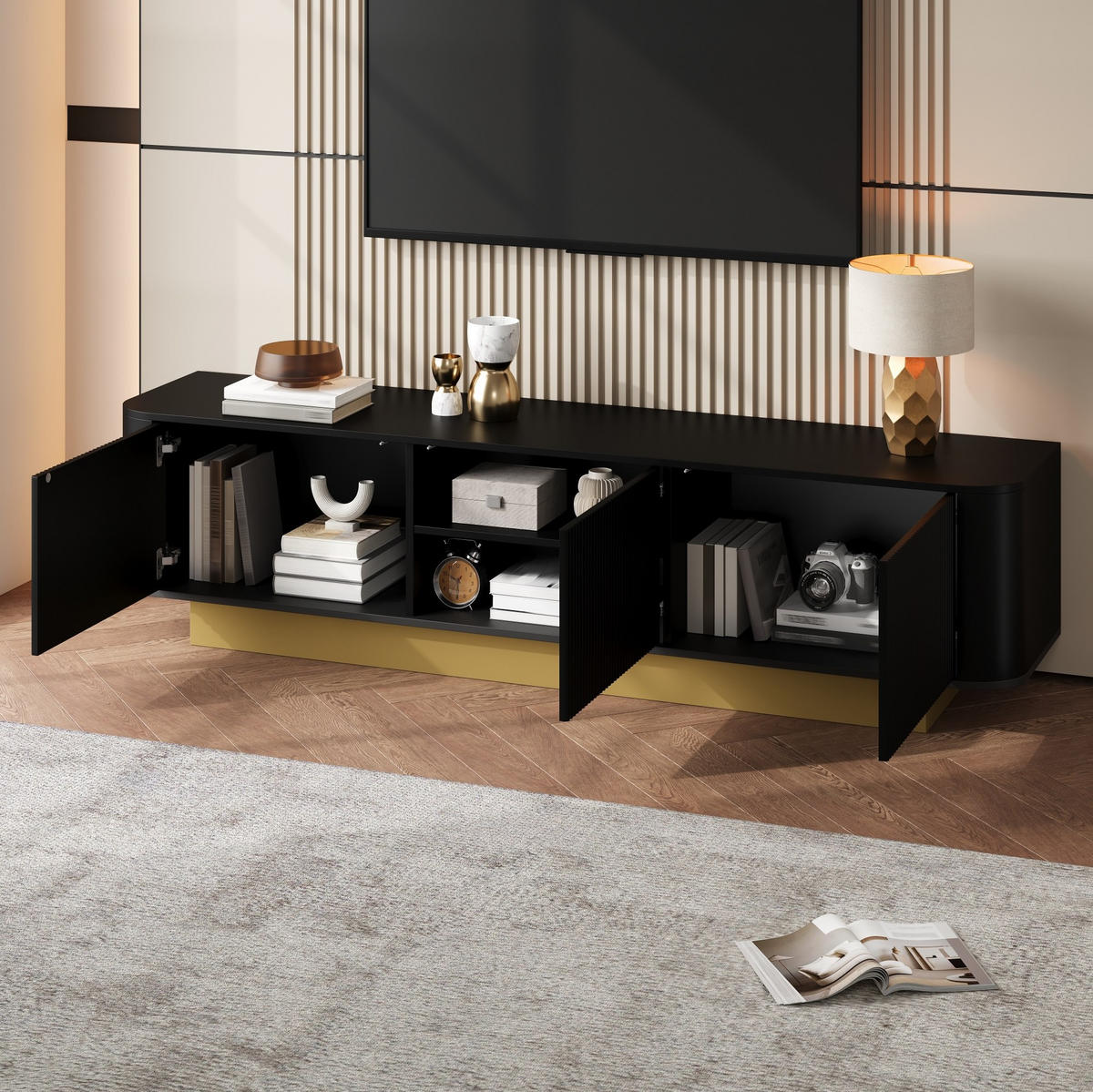 LOWBOARD 170/40,5/47 cm aus MDF und Holzwerkstoff mit Kabelmanagement Schwarz - Schwarz, Holzwerkstoff (170/47/40.5cm) - Modenvie