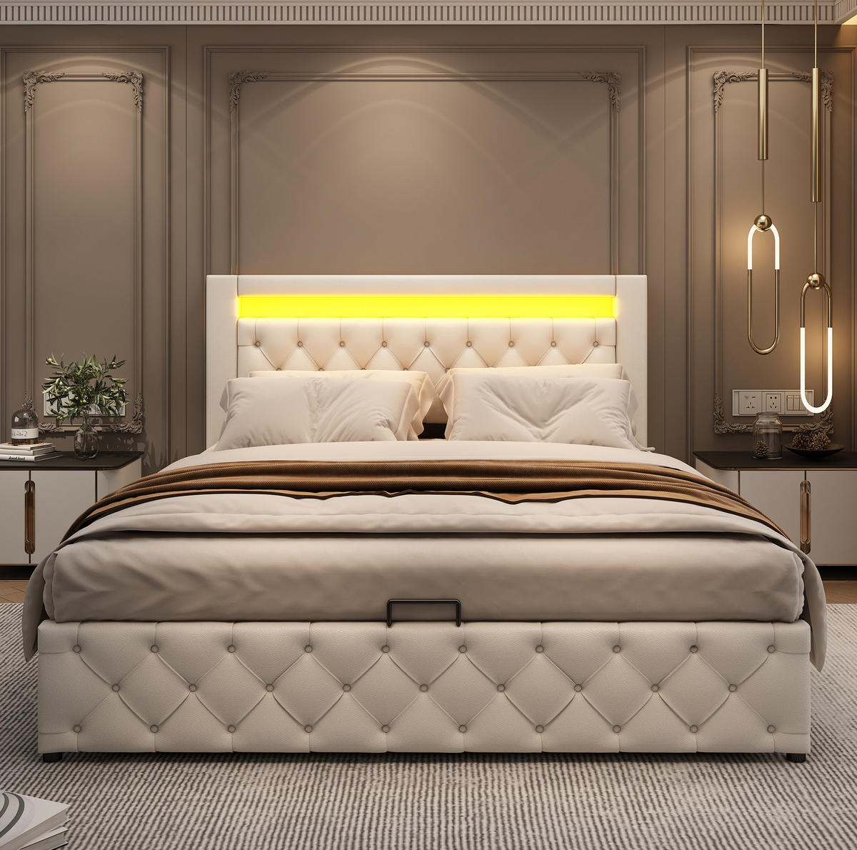POLSTERBETT mit Bettkasten und LED 140x200 cm PU Weiß - Weiß, Metall (140/200cm) - Meubliv