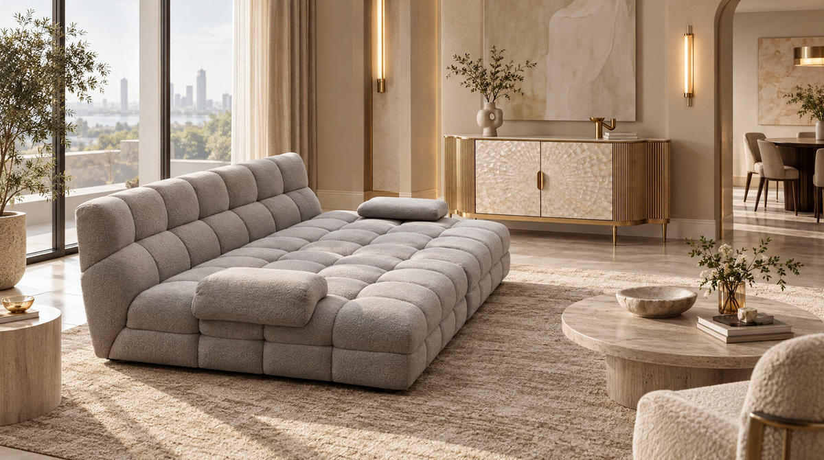 BIG SOFA AMIA Grau Bouclé - Greige/Schwarz, Kunststoff/Textil (290/86/178cm) - KAWOLA