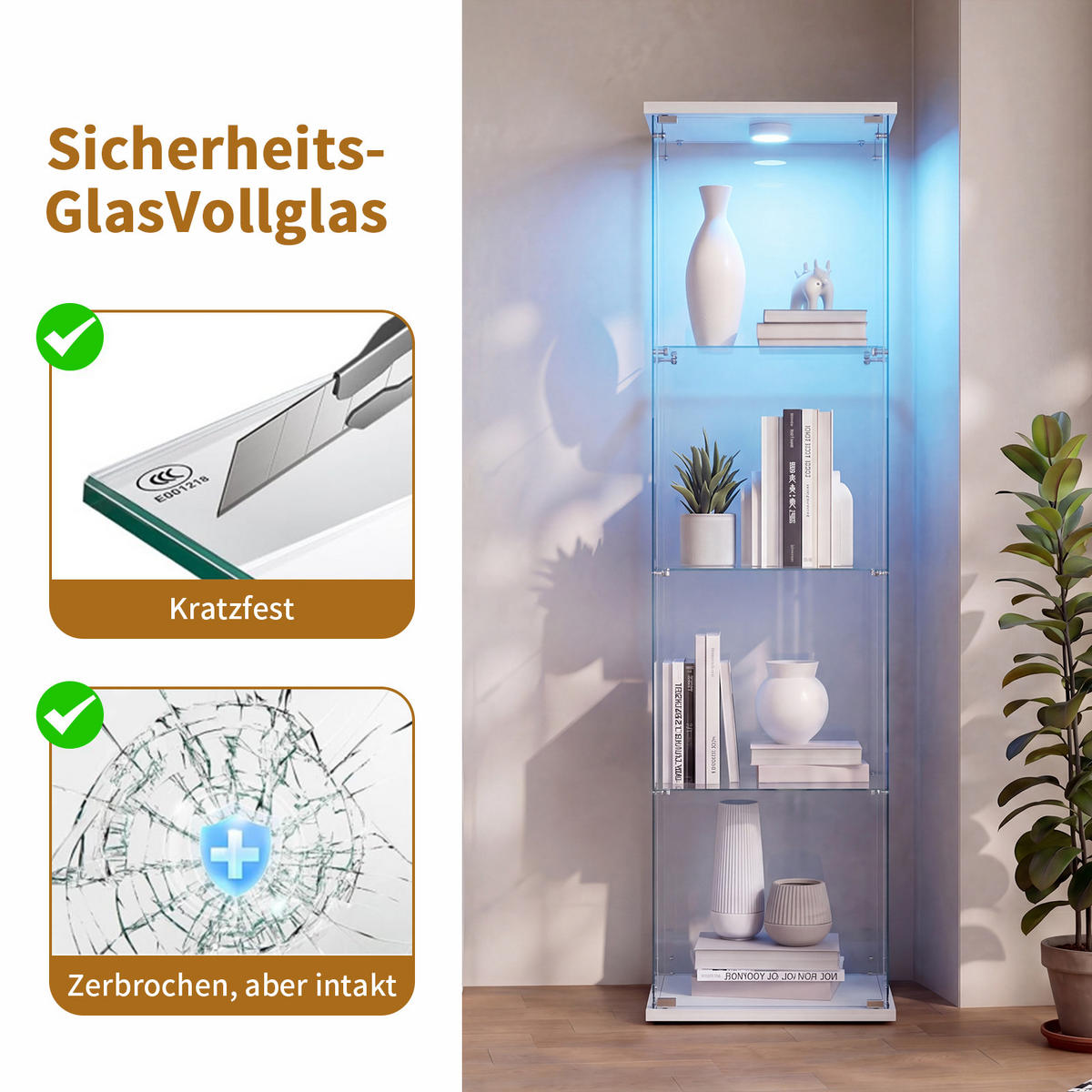 VITRINENSCHRANK Glasvitrine led Weiß mit 1 Tür und 4 Etagen, mit Schloss und Spiegeleffekt,164cm - Weiß, Glas (36.5/164/42.5cm) - BPKADHY