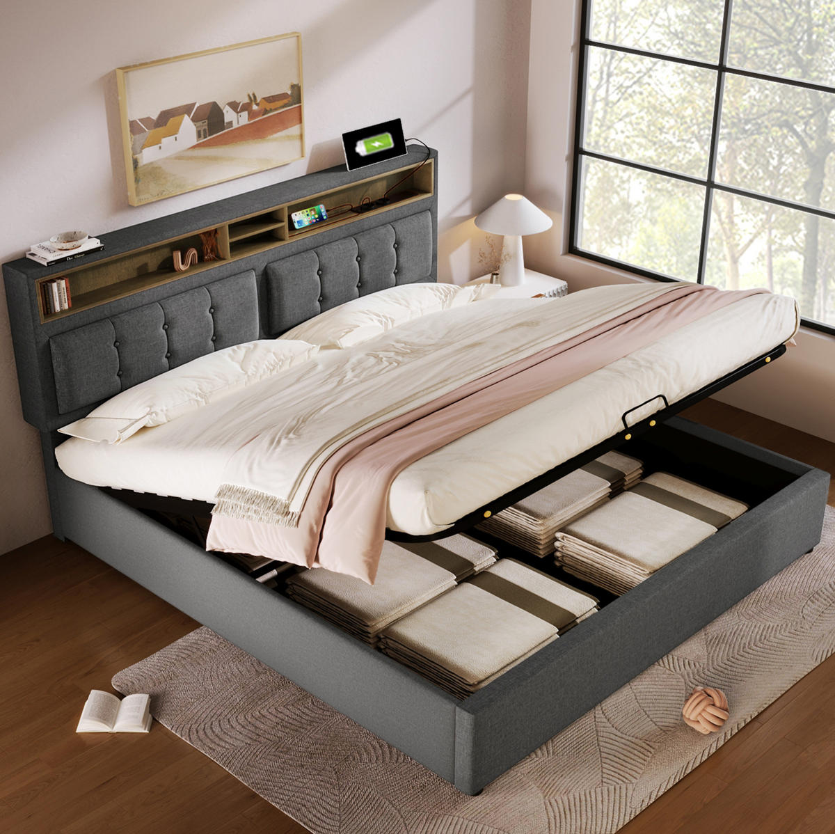 POLSTERBETT 160x200 cm in Grau mit Bettkasten, verstellbarem Kopfteil und USB-C-Anschluss - Grau, Textil (160/200cm) - IVMEU