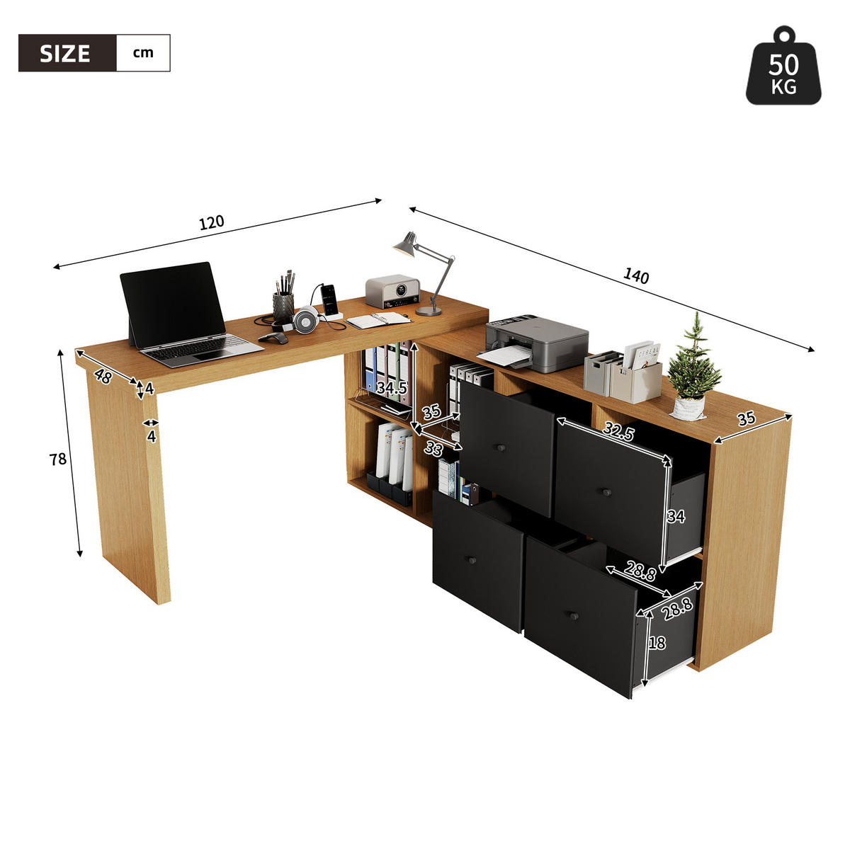 PSACÍ stůl, otočný 360°, 120/48/78 + 140/35/74 cm, MDF černá/dub - barva dubu, kompozitní dřevo (140/74/35cm) - BEAOK