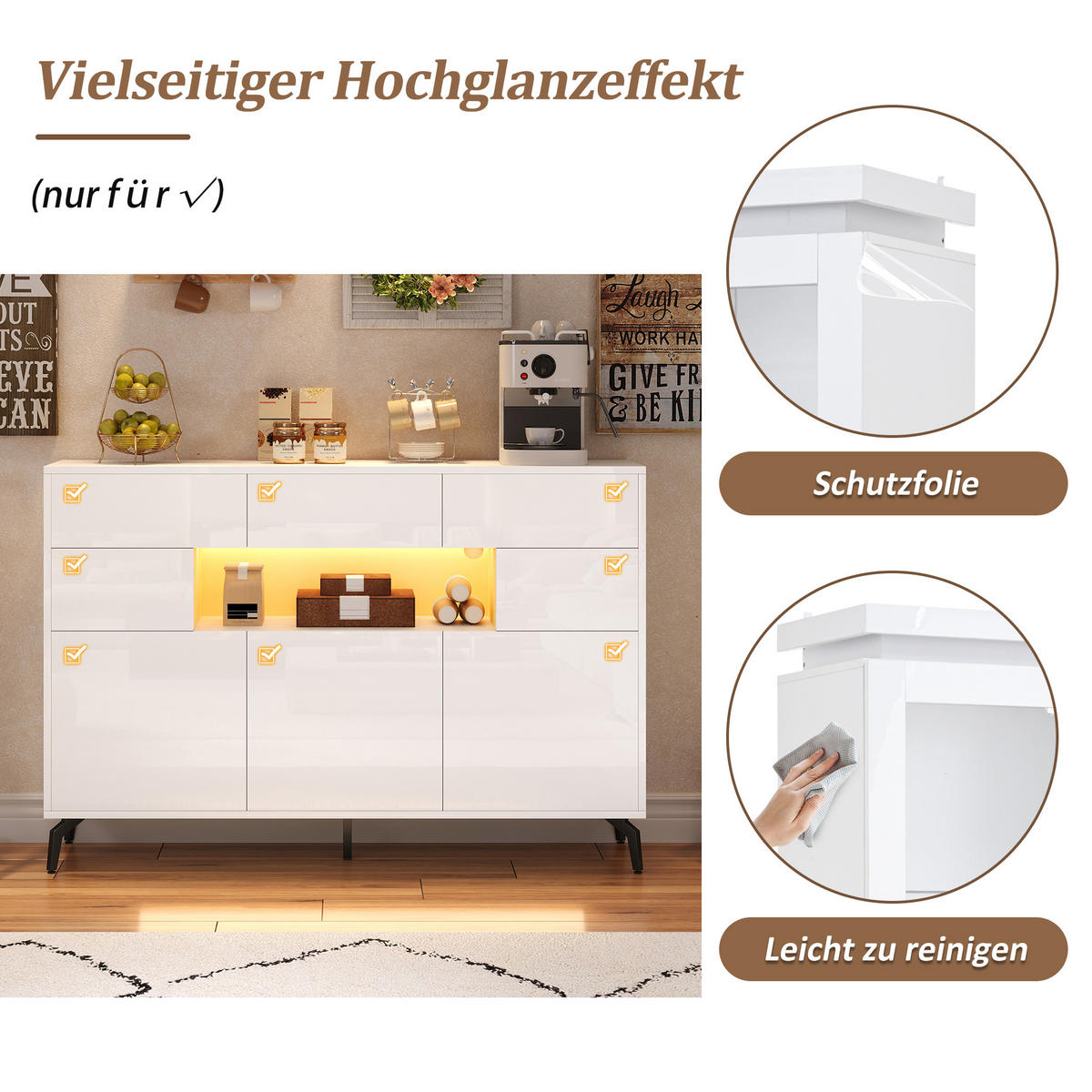 SIDEBOARD 140 cm Hochglanz-Kommode mit 3 Schubladen, 5 Schränken & LED-Lichtleiste Weiß - Weiß Hochglanz, Holzwerkstoff (140/94/30cm) - Urban Meuble