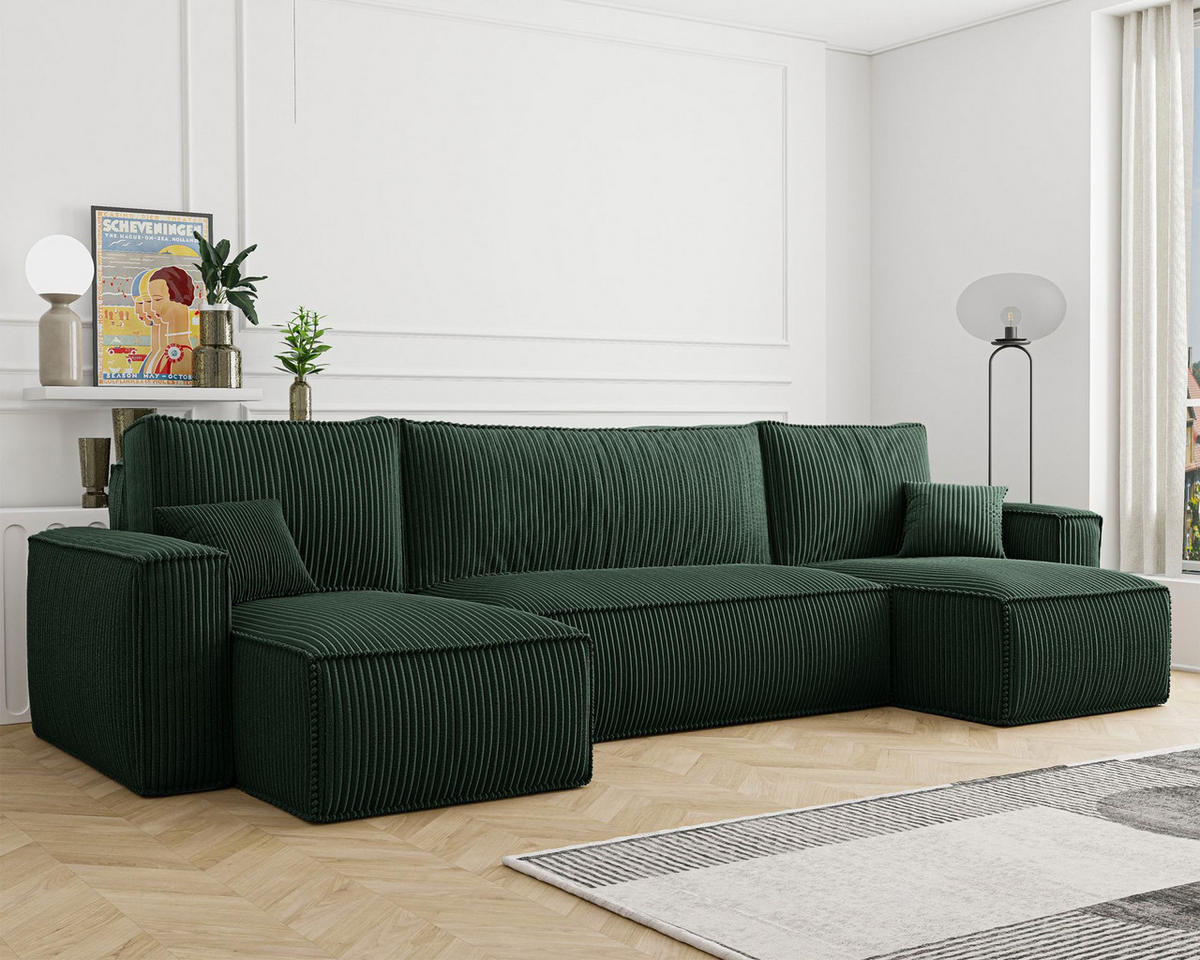 WOHNLANDSCHAFT Scarlo Dunkelgrün Cordbezug - Dunkelgrün/Schwarz, Kunststoff/Textil (312/83/145cm) - Selsey