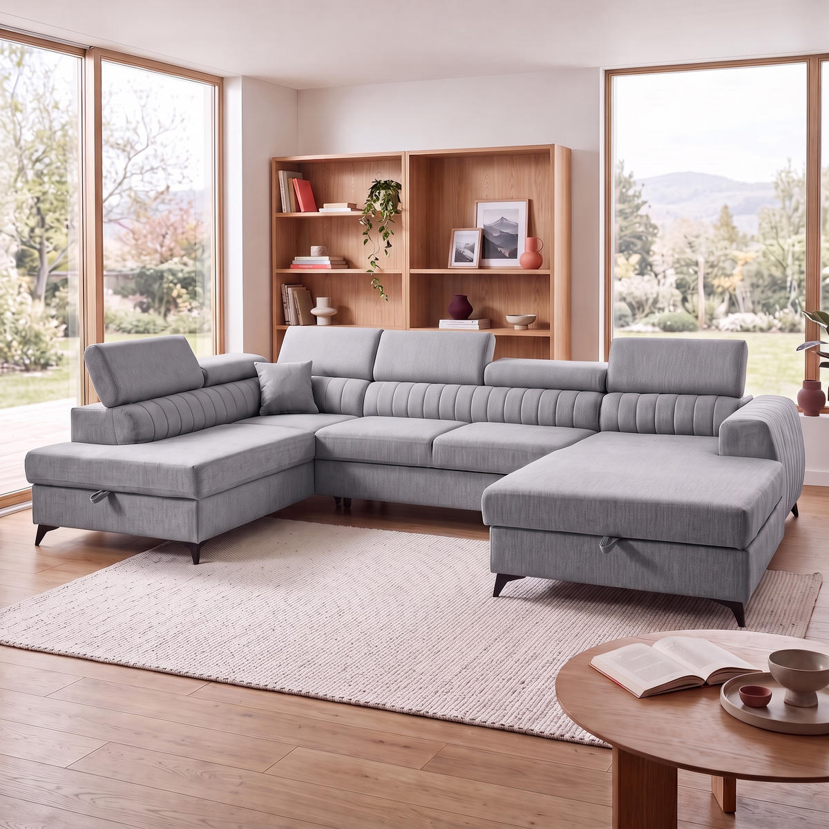 ECKSOFA U-Form PIERO U Links mit Schlaffunktion 125x260 Velours Grau - Schwarz/Grau, Holz/Textil (350/90/203cm) - Muffo