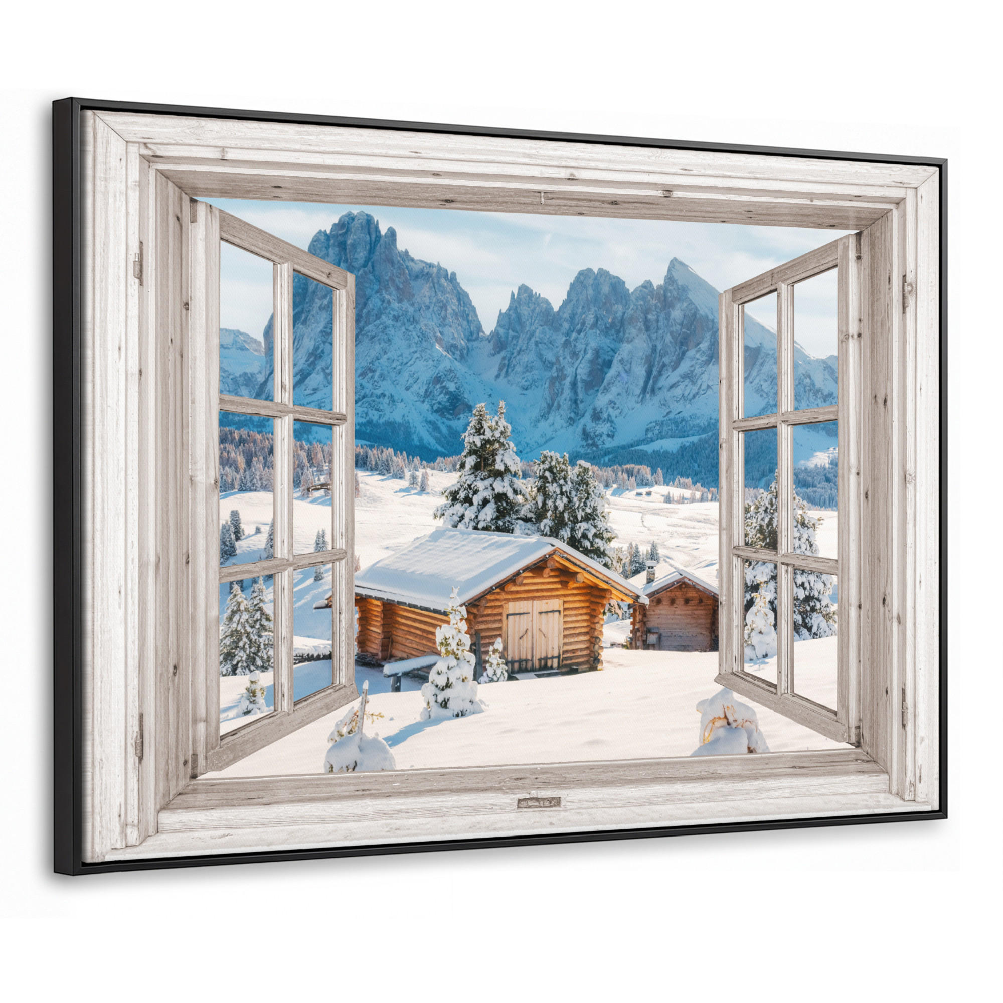 LEINWAND Bilder mit Rahmen - Winterlandschaft - Hütte - Berge - Ausblicke - Aussicht - Natur - 80x60 - Weiß Hochglanz, Textil (80/60cm) - MuchoWow