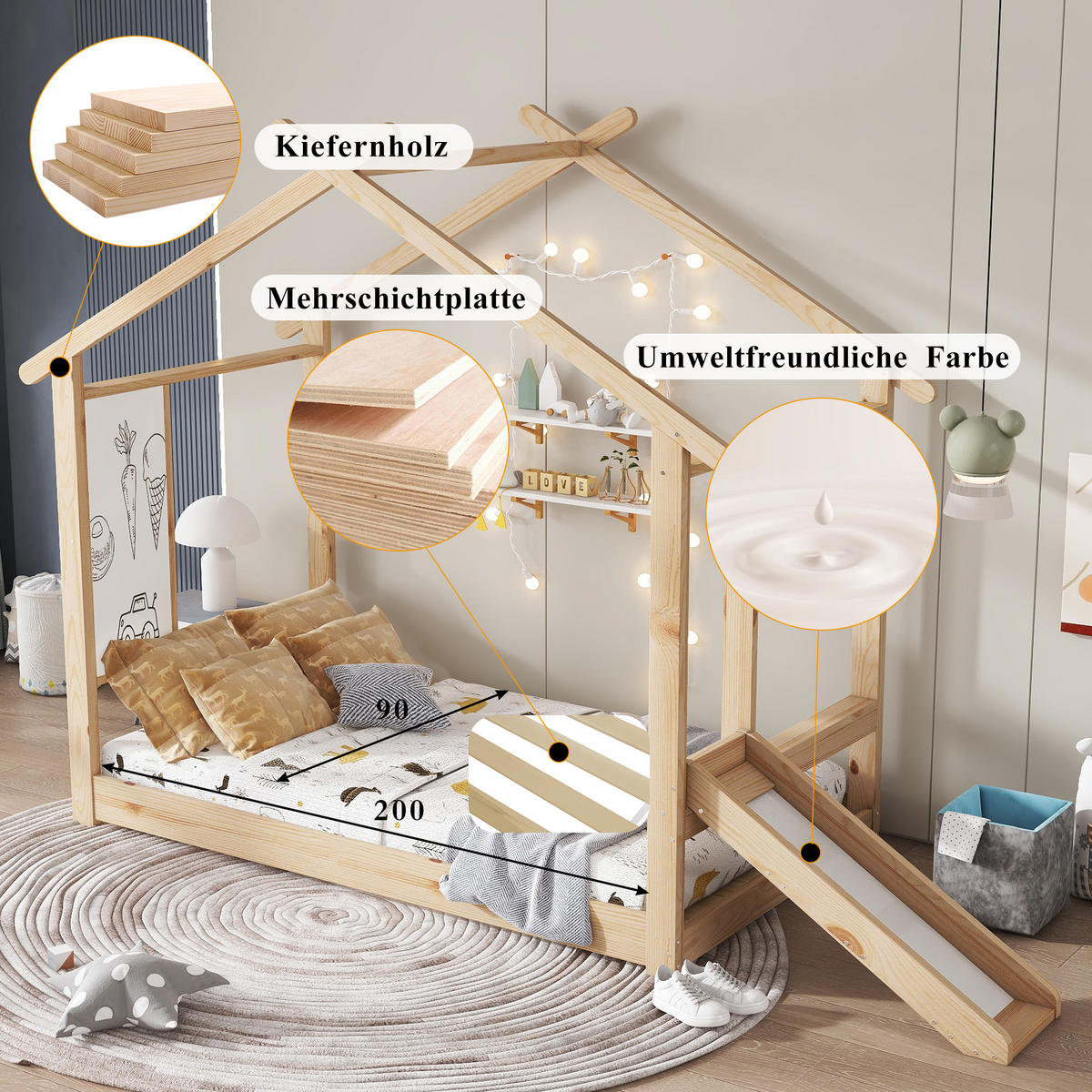 KINDERBETT 90/200 cm Natur mit Rutsche und beschreibbarer Weißwandtafel aus Kiefer und MDF - Naturfarben, Holz (90/200cm) - OKWISH