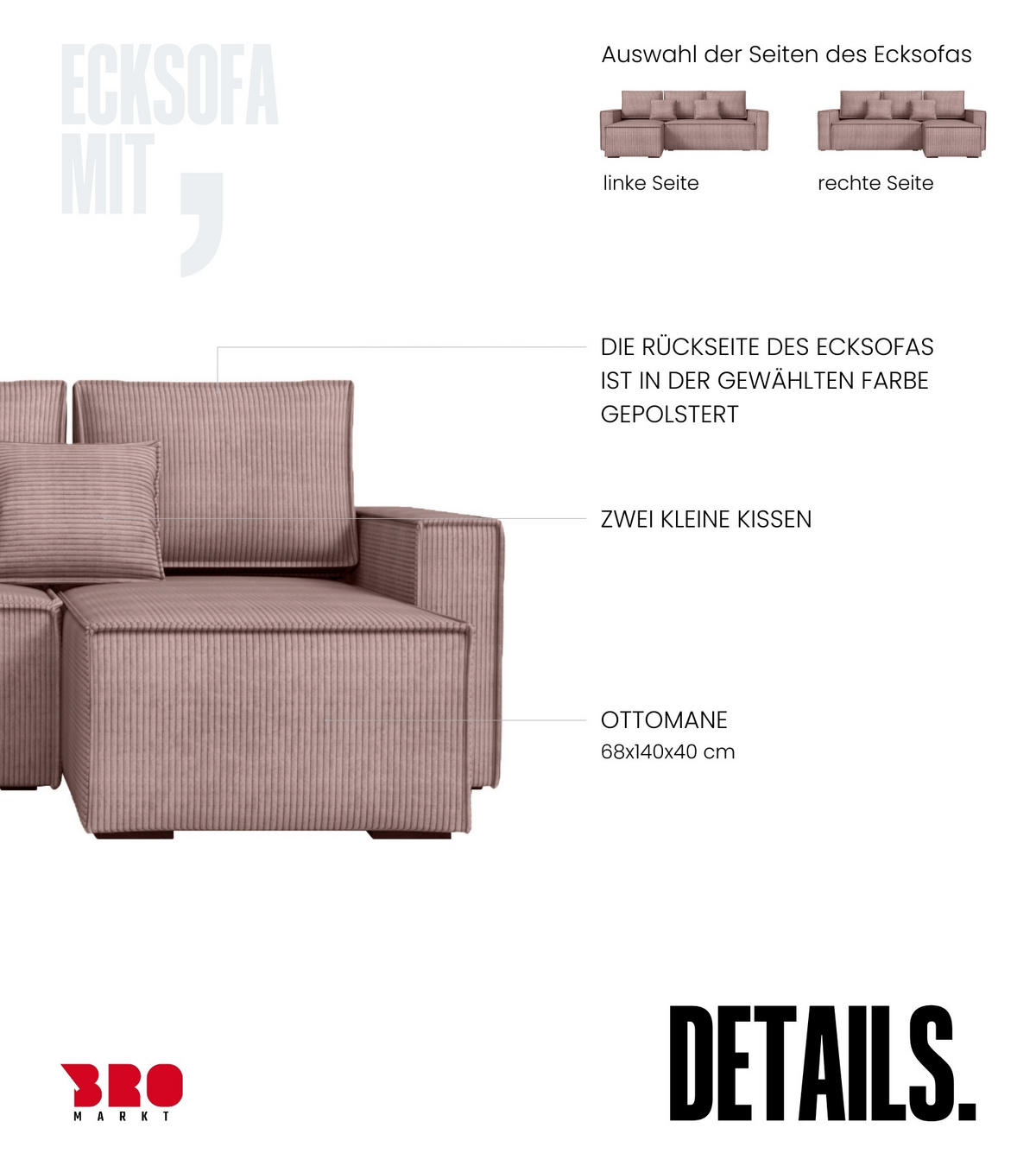 ECKSOFA Dexter mit Schlaffunktion Puderrosa Cord - Rosa, Textil (238/141cm) - Bromarkt