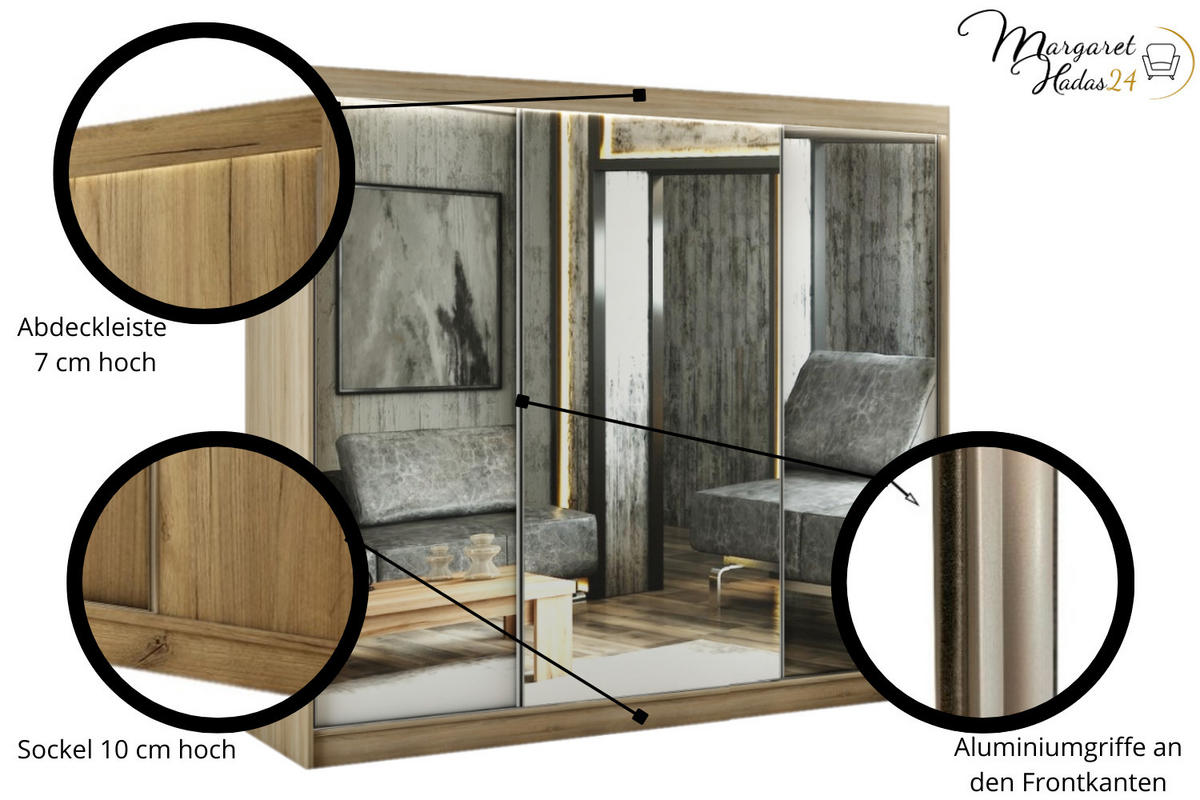 SCHWEBETÜRENSCHRANK Elsa 250 cm mit Spiegel 3-türig, Eiche sonoma - Sonoma Eiche, Kunststoff (250/215/61cm) - Margaret Hadas24