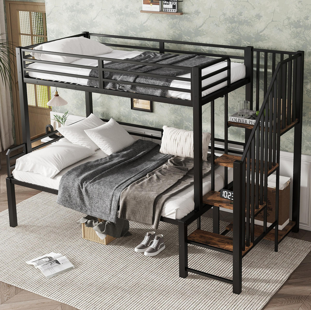 ETAGENBETT 90/120x200 cm aus Metall mit Eckleiter und Stauraum in Schwarz - Schwarz, Holzwerkstoff (90/200cm) - Flora Grace