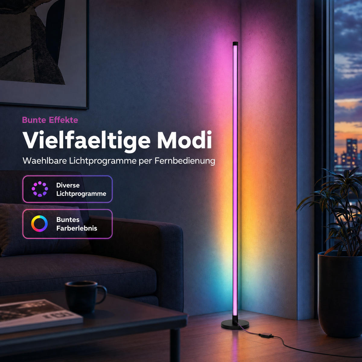 LED-ECKLAMPE - mit Fernbedienung und integriertem Musiksensor für RGB Farbeffekte in Schwarz - Schwarz, Kunststoff (15.5/15.5/147.5cm) - Northpoint
