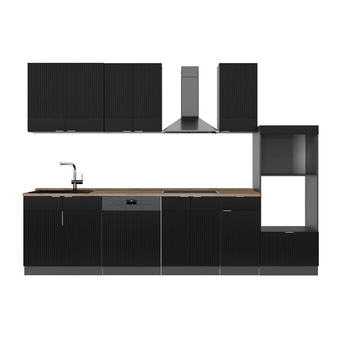 KÜCHENZEILE Fame-Line, Schwarz gestreift/Anthrazit, 300 cm mit Hochschrank, AP Eiche - Anthrazit/Schwarz, Holzwerkstoff (300/81.6/60cm) - Vicco