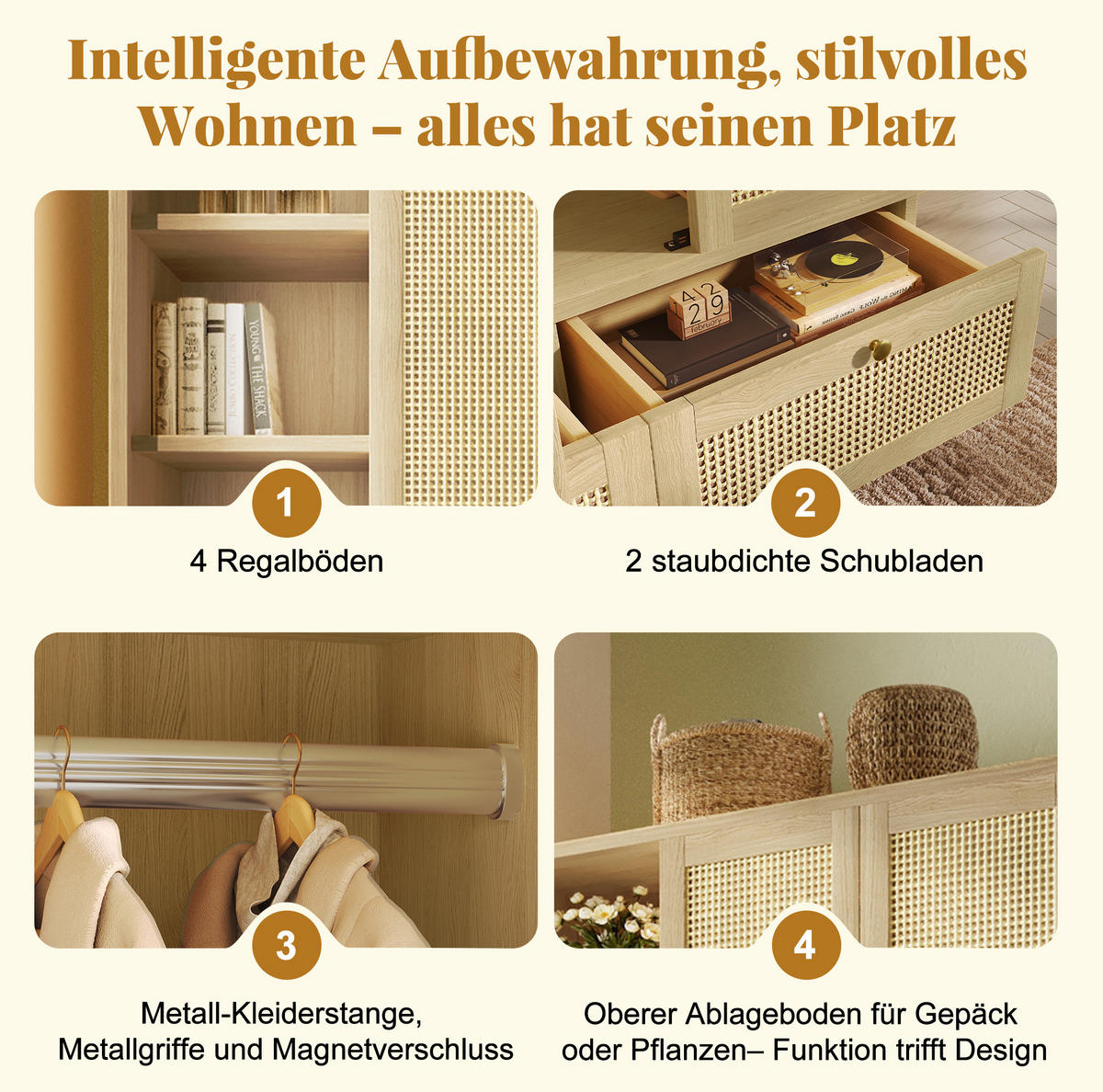 KLEIDERSCHRANK 50/120/180 cm eichefarben aus MDF, Massivholz und Metall mit Rattangeflecht - Eichefarben, Holz (120/180/50cm) - OKWISH