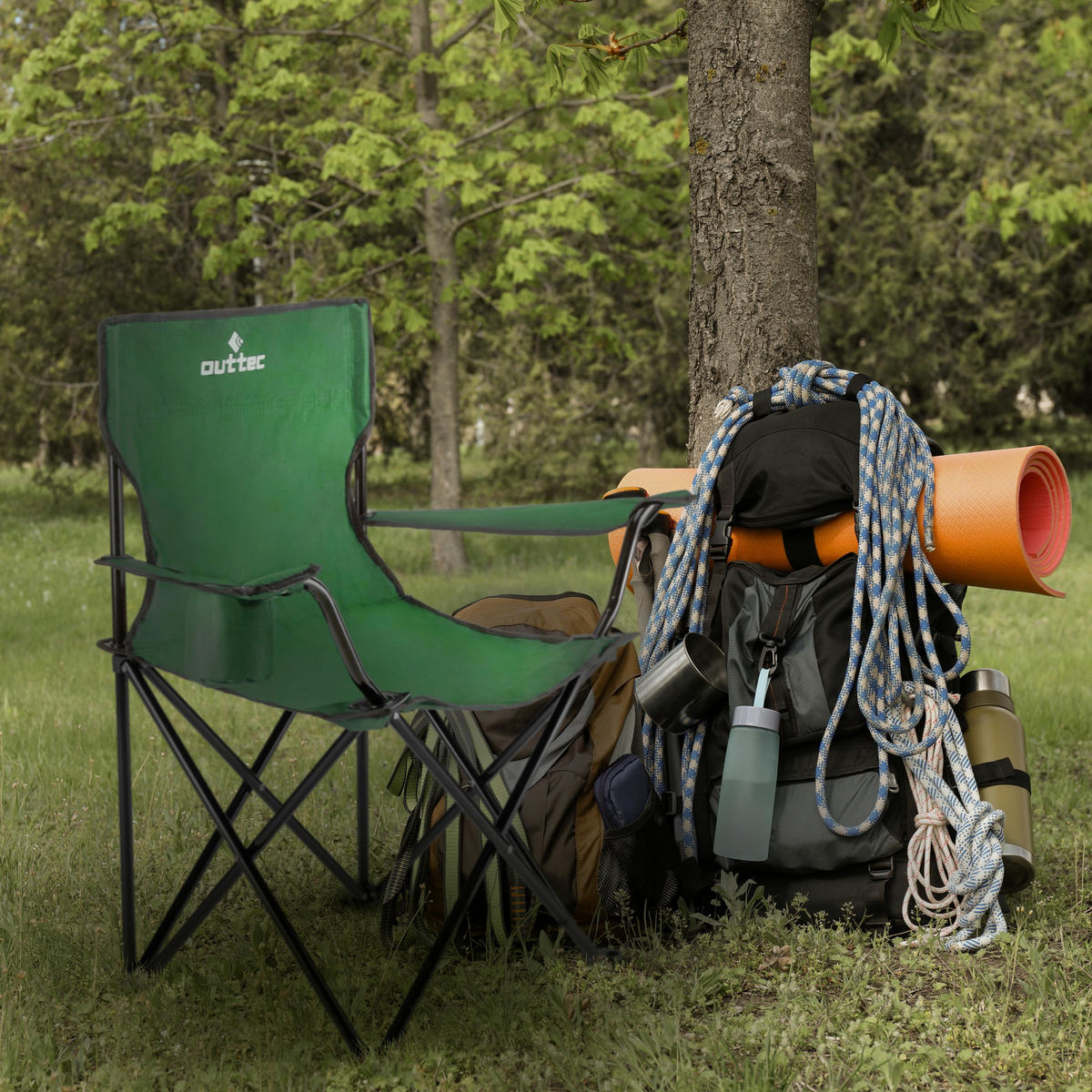 GARTEN-RELAXSESSEL bis 125kg, mit Getränkehalter & Tragetasche - Grün, Textil (75/80/50cm) - Outtec