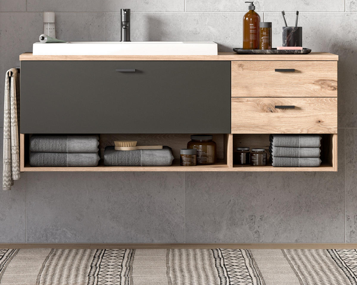 WASCHTISCH Eiche, grau matt 138 cm, Waschbeckenunterschrank mit Waschbecken - Eichefarben/Grau, Holzwerkstoff/Kunststoff (140/50/48cm) - Inn.Furn