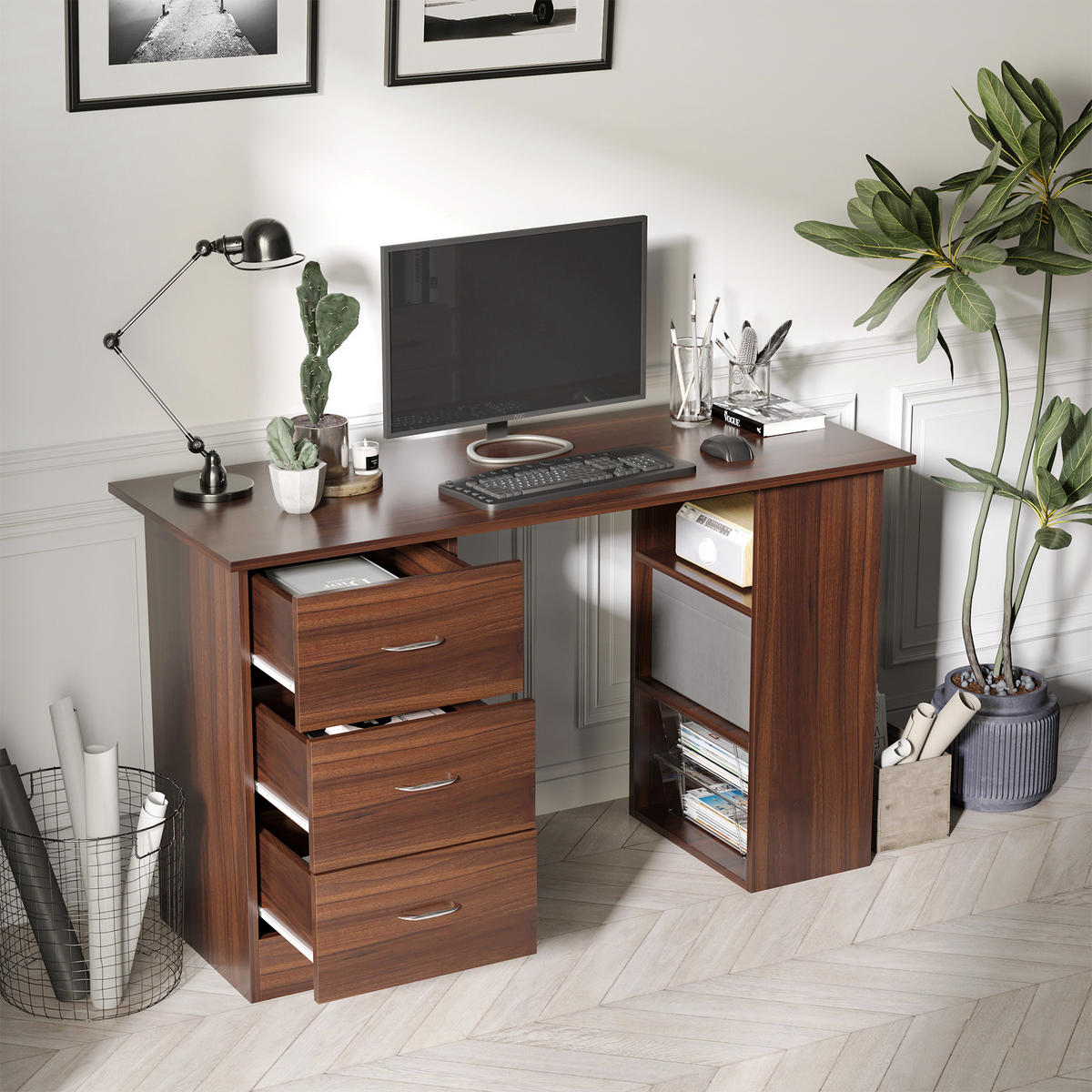 SCHREIBTISCH Walnussoptik mit Schubladen und Regalfächern 120/49/72 cm - Walnussfarben, Holz (49/120/72cm) - PANGIVO