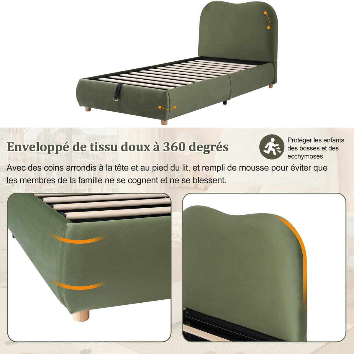 PAT TAPISAT 90 x 200cm cu schelet de pat, pat funcțional hidraulic, catifea, Verde - verde, material textil/lemn (90/200cm) - KOMHTOM