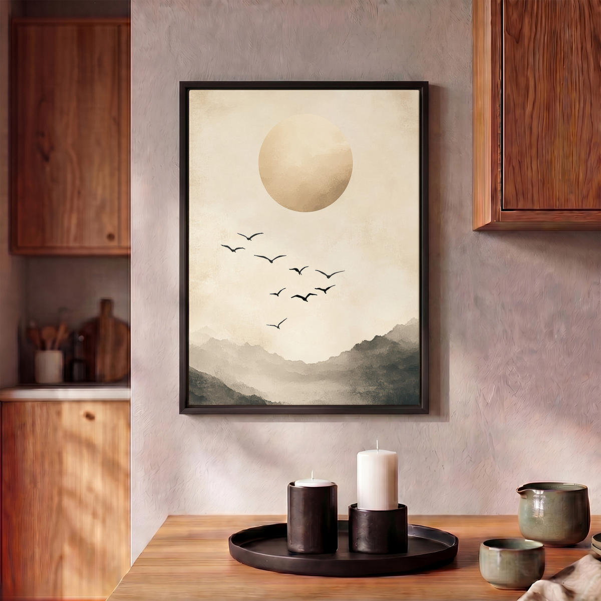 LEINWAND Bilder mit Rahmen - Landschaft - Japandi - Vogel - 30x40 - Beige, Textil (30/40cm) - MuchoWow