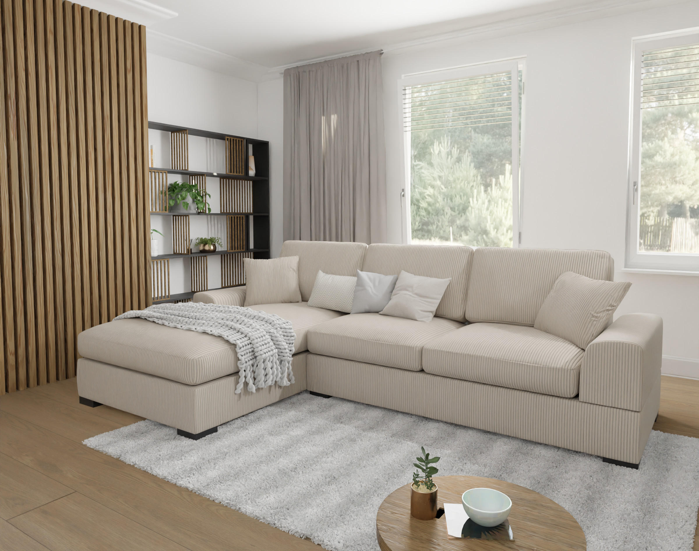 ECKSOFA Saga Beige Cord - Beige/Schwarz, Holz/Buchenholz (306/184cm) - S-Style Möbel
