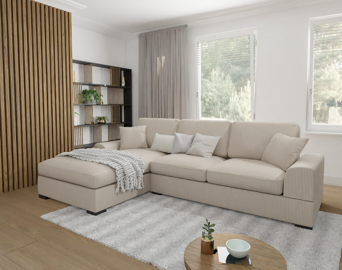 ECKSOFA Saga Beige Cord - Beige/Schwarz, Holz/Buchenholz (306/184cm) - S-Style Möbel