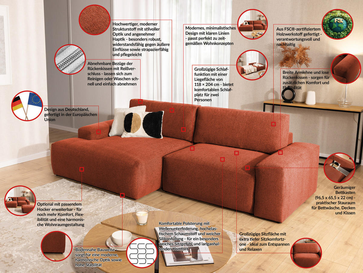 ECKSOFA Lennon aus Terrakotta Strukturstoff mit Schlaffunktion und Bettkasten - Terracotta/Schwarz, Holz/Kunststoff (137/264cm) - S-Style