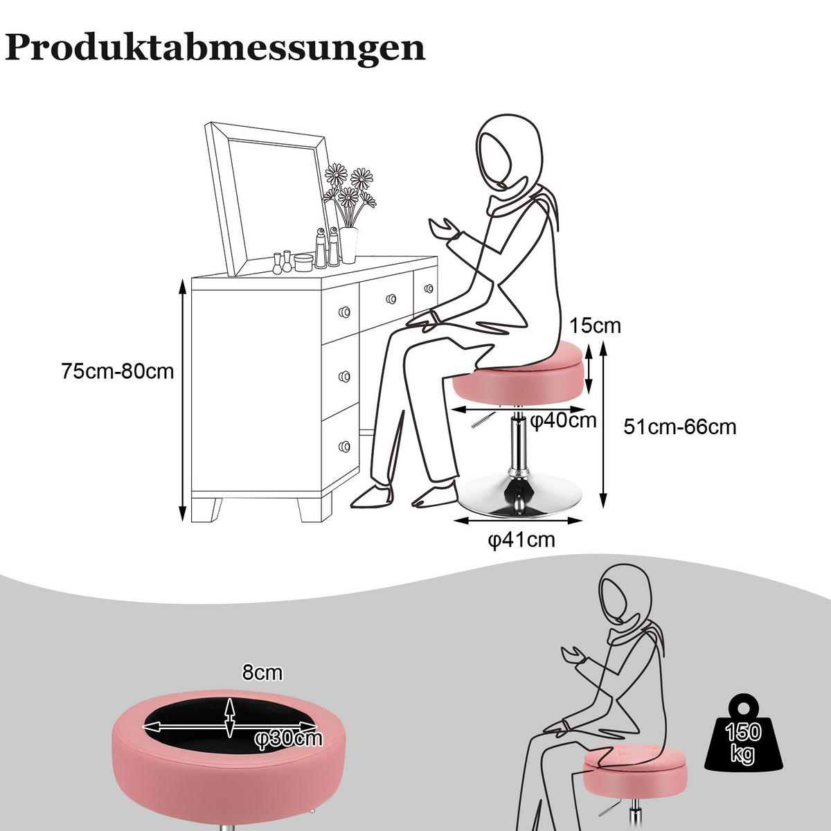 SCHMINKHOCKER Rosa - Pink, Metall (41/66/41cm) - COSTWAY