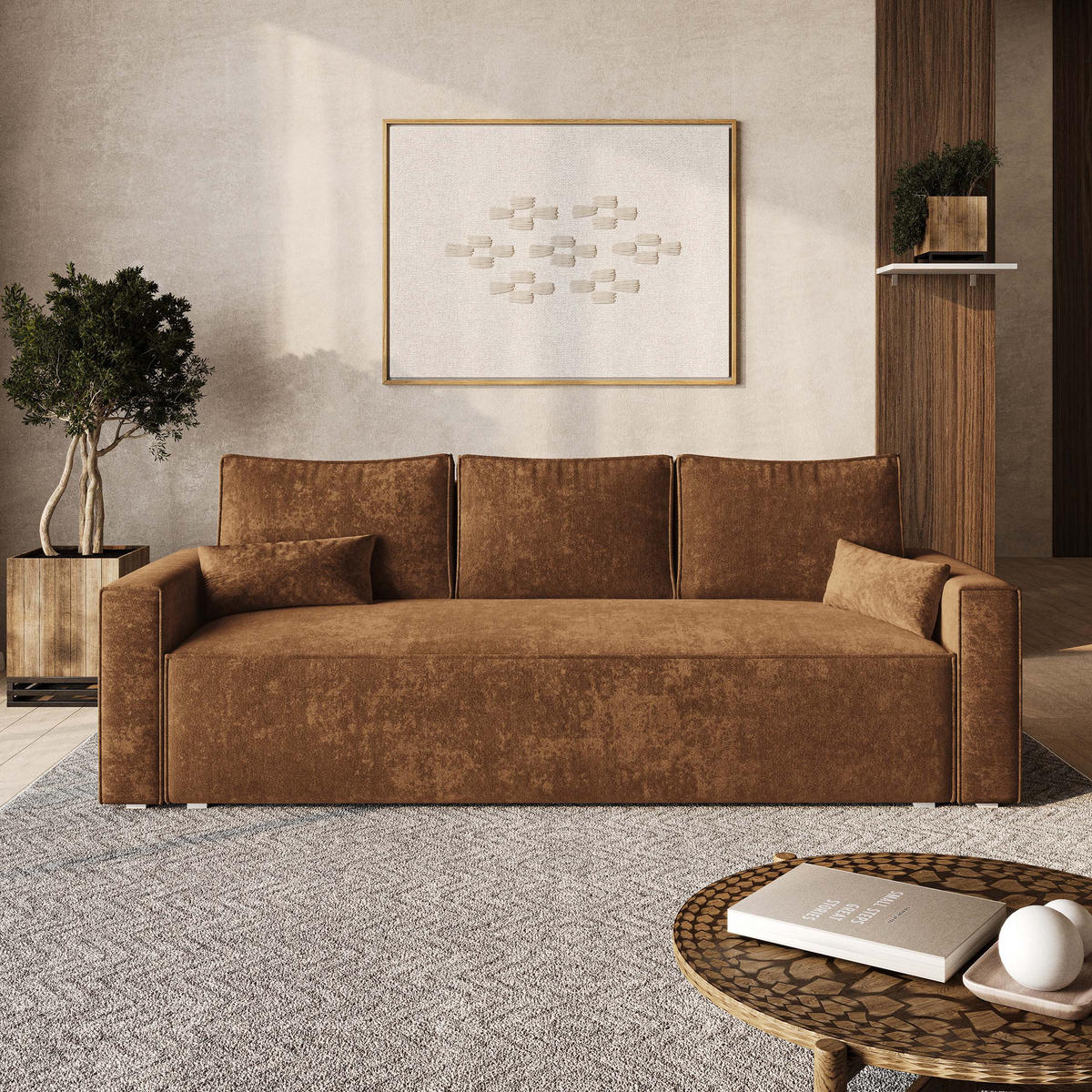 POHOVKA MENI, Ženylová látka LUMO, Světle hnědá - šedá/světle hnědá, kompozitní dřevo/textil (232/85/87cm) - MASSENO