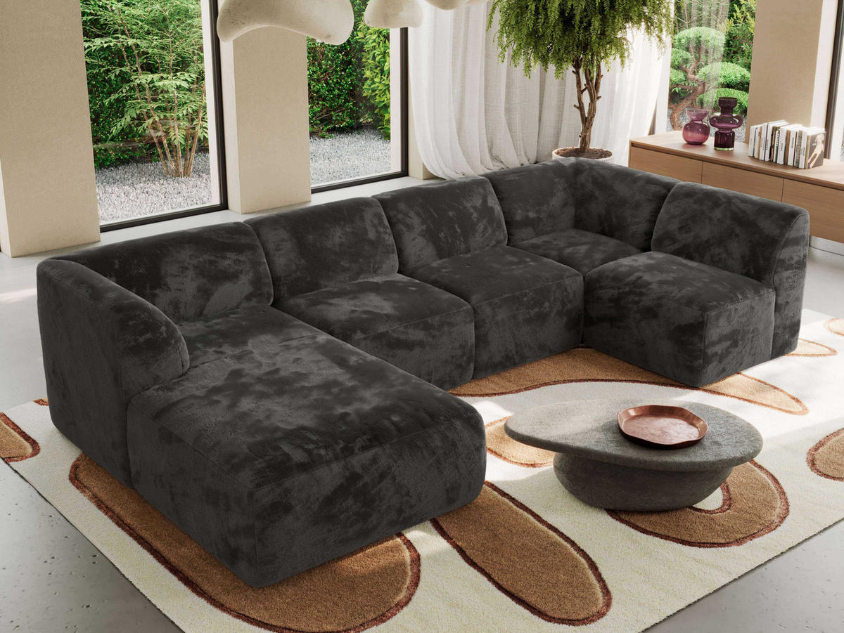 WOHNLANDSCHAFT MODARO U 6M - Dunkelgrau Plüsch - Links - Dunkelgrau/Schwarz, Textil (180/78/345cm) - MKS
