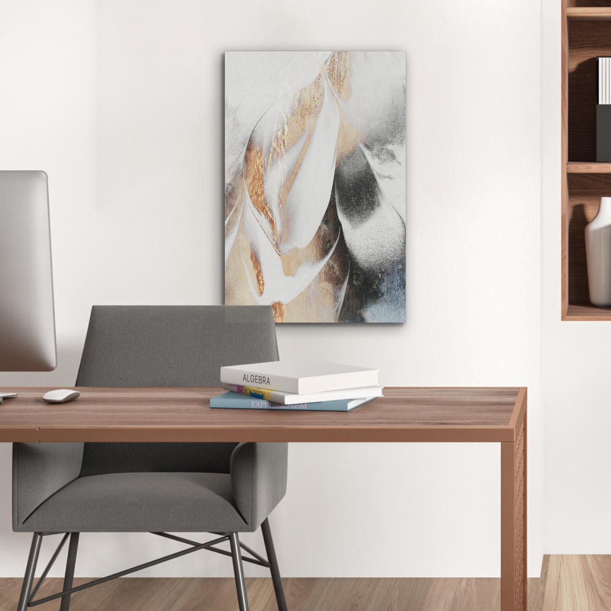 AKUSTIKBILD Luxus - Abstrakt - Gold - Weiß Kunstdruck Schlafzimmer 50x70 cm - Goldfarben, Kunststoff (50/70/0.9cm) - MuchoWow
