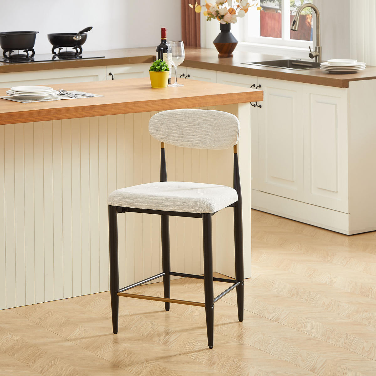 BARHOCKER 2er-Set mit Rückenlehne und Stoffkissen, Creme - Beige, Textil (51/94/50cm)