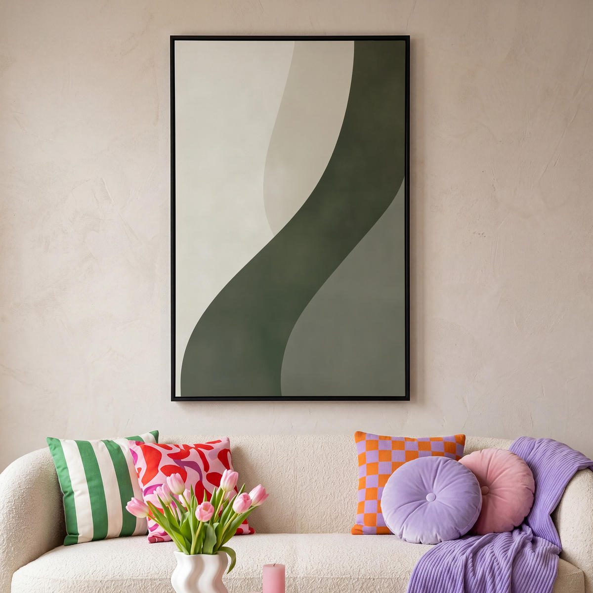 LEINWAND Bilder mit Rahmen - Japandi - Grün - Abstrakt - Modern - 90x140 - Salbeigrün, Textil (90/140cm) - MuchoWow