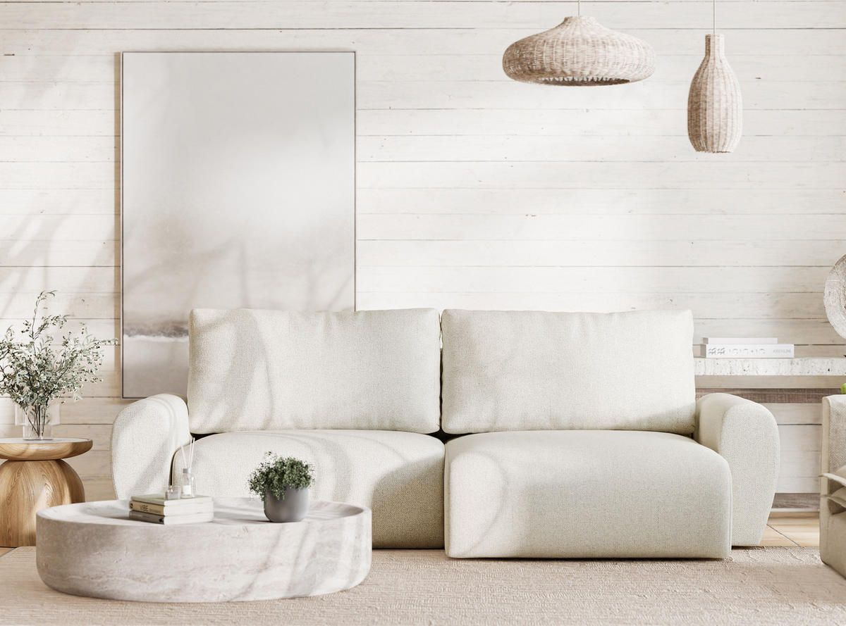 ECKSOFA MIT SCHLAFFUNKTION Numba Creme Webstoff - Creme/Schwarz, Holz/Holzwerkstoff (253/153cm) - Maison de Reve
