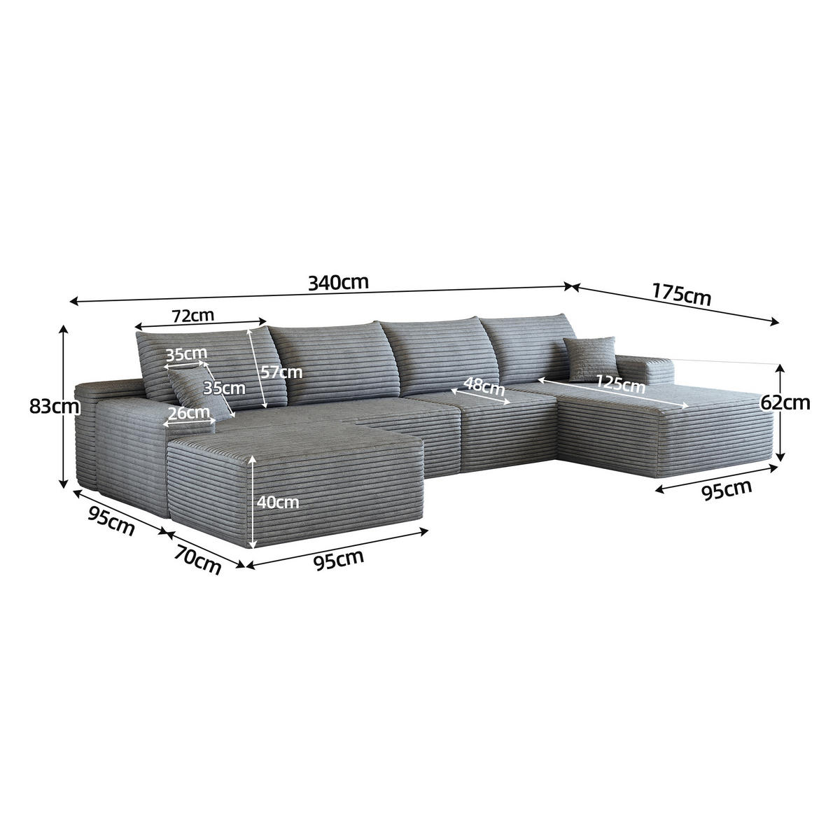 WOHNLANDSCHAFT DE-34857 U-Form 3-Sitzer Chaiselongue rechts Grau - Grau, Textil (175/83/270cm) - ComfortXL