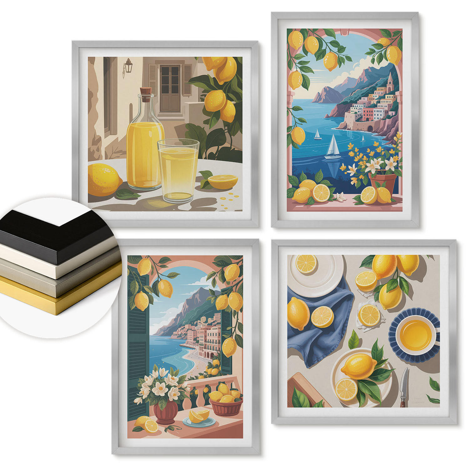 WANDBILDER 4er Set - 50x50 cm & 40x60 cm Silberner Rahmen - Meerblick, italienische Zitronen - Silberfarben, Kunststoff (50/50cm) - ArtPrintCave