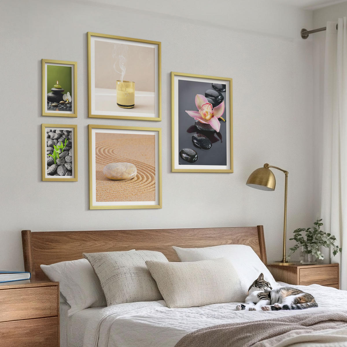 BILDER SET 5er Set - 50x50 cm & 20x30 cm & 40x60 cm Goldrahmen - Der Frieden der Natur mit Buddha - Goldfarben, Kunststoff (40/60cm) - TULUP