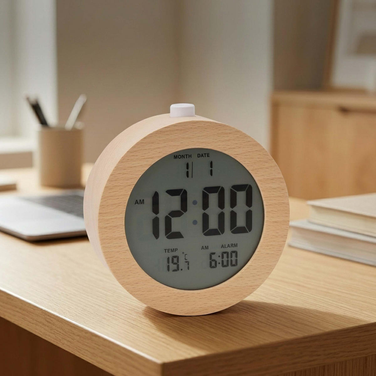 VÄCKARKLOCKA natur bokträ digital - Ljusbrun, Trä/Plast (9.5/9.5/5cm) - Relaxdays