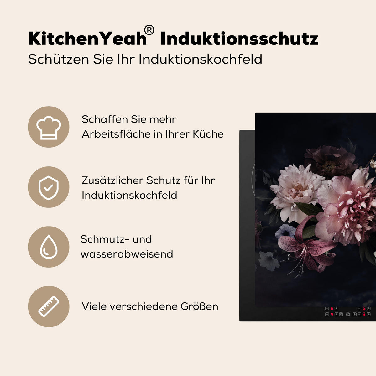 HERDABDECKPLATTE Blumen - Vintage - Pastell - Rosa - Weiß 65x52 cm - Altrosa, Kunststoff (65/52/0.2cm) - MuchoWow